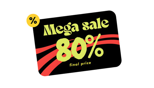 mega sale 80% off final price banner cut out isolated on transparent white background PNG. AI GENERATED.