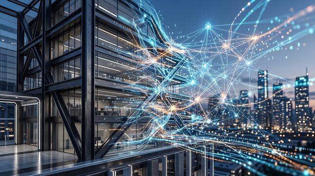 Modern glass office building exterior at dusk with glowing digital network lines and data connections overlaying the architectural structure