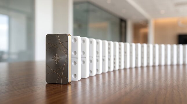 Row of white dominoes on a wooden table with a unique metallic piece at the front, symbolizing leadership, strategy, and business impact