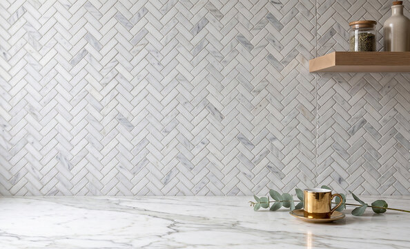 White marble herringbone tile backsplash with marble countertop and gold coffee cup

