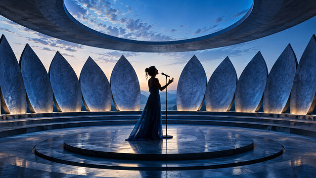Vishuddha throat chakra singer in a circular blue amphitheater, sacred voice and sound energy, open communication, authentic self expression and a calm moment of creative meditation