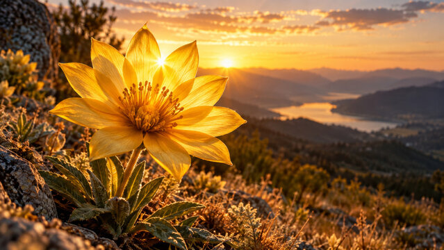 Manipura solar plexus chakra yellow ten petal flower catching triangular sunlight on a hillside, sacred fire element, self confidence, inner power, growth and bright meditation energy