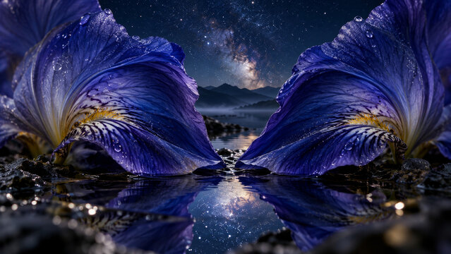 Ajna third eye chakra two deep indigo iris petals opening above a reflective pool, sacred intuition, inner vision, spiritual insight, awareness and contemplative botanical meditation