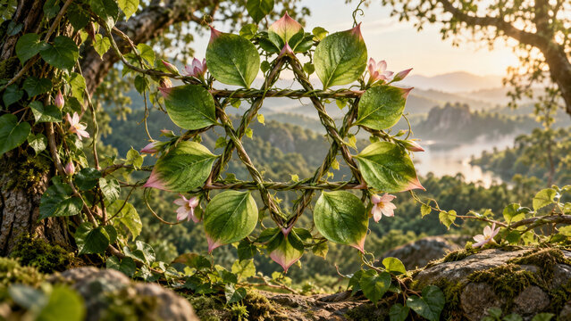 Anahata heart chakra green climbing vine forming two interlaced triangles in a breezy woodland clearing, sacred air energy, compassion, emotional healing, growth and connection with nature