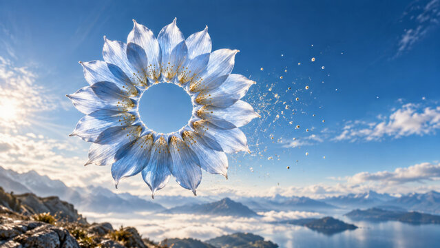 Vishuddha throat chakra pale blue flower with sixteen petals and a circular center against open sky, sacred ether energy, clear voice, honest expression and mindful botanical symbolism