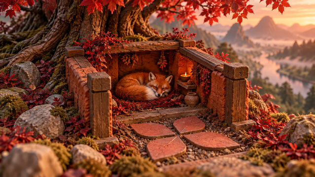 Muladhara root chakra storybook fox sheltered beneath tree roots in a square earthen home with four petal stones, sacred grounding, red earth energy, safety, belonging and meditation