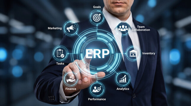 Businessman using ERP digital interface integrating finance inventory analytics marketing tasks and team collaboration.
