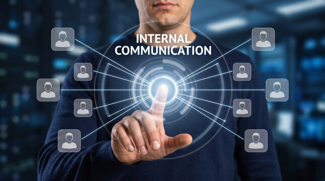 Business professional selecting internal communication interface connecting employees across digital corporate network.