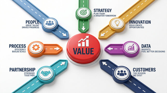 Business value creation framework connecting people, strategy, innovation, data, customers, partnership and efficient processes.