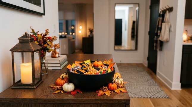 Cozy entryway decorated for Halloween with candy corn and autumn leaves.