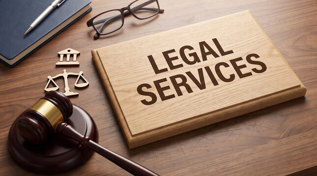 Legal services concept with judge gavel scales and courthouse symbols arranged on professional wooden desk.