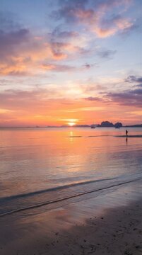 Golden sun dips low, painting skies in soft pinks and purples. Waves gently kiss wet sand, reflecting the sky's glow. Lone figure walks barefoot, silhouetted against the fading light
