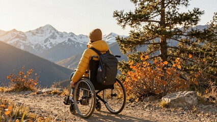 Fototapeta premium A person in a wheelchair enjoys breathtaking views of snow-capped mountains during golden hour, surrounded by autumn foliage and pine trees.