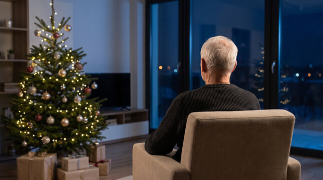 Senior man sitting alone beside illuminated christmas tree in quiet home during winter night with copy space.