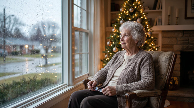 Lonely elderly woman sitting by rainy window at home during christmas reflecting on isolation and neglect, with copy space.