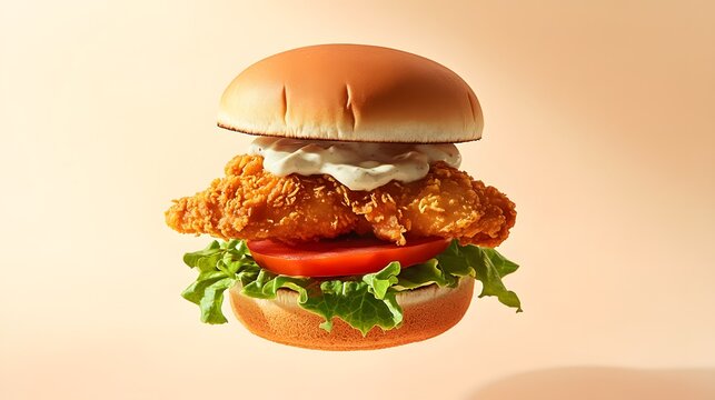 Juicy chicken burger with crispy coating and fresh lettuce floating in vibrant studio lighting