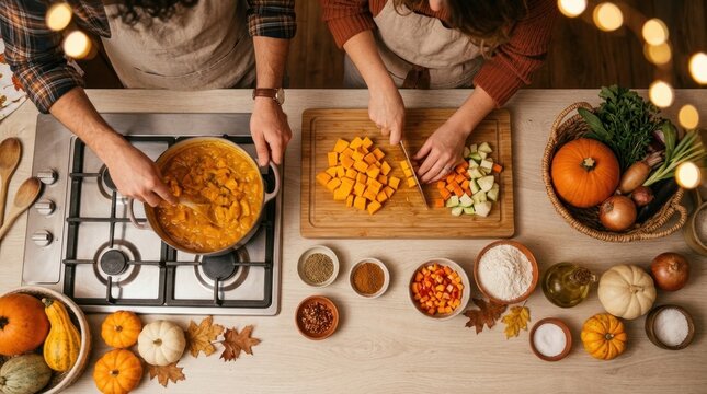 Couple preparing autumn harvest vegetables for cooking together in kitchen.