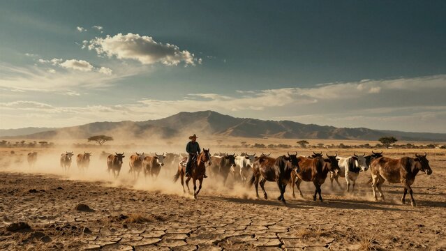 A lone cattle herder on horseback directs a herd of zebu through cracked earth under golden sunset skies with distant mountains.
