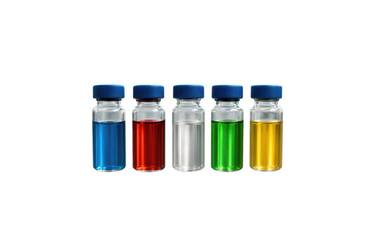 Five glass laboratory vials with blue caps containing multicolored chemical liquid samples for pharmaceutical testing