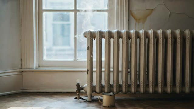 Old radiator beneath large window in run-down room with peeling wall paint