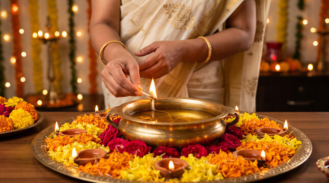 Indian woman lighting ceremonial lamp surrounded by marigold flowers and diyas during traditional Diwali celebration.