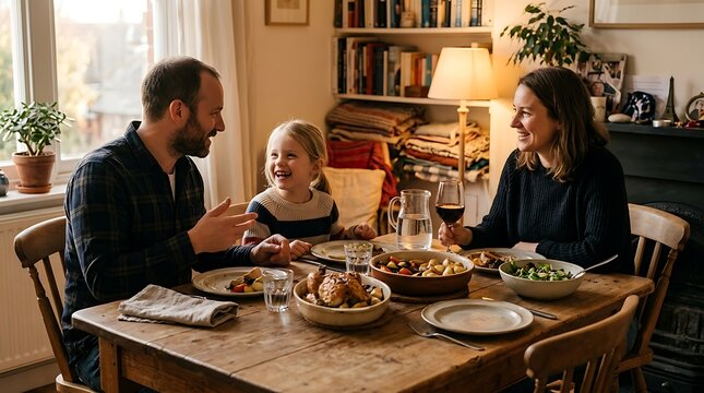 Happy family enjoying a delicious homemade dinner together at home in a cozy dining room