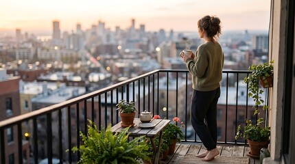 Fototapeta premium A young woman standing on a balcony overlooking the city skyline during a beautiful golden sunset