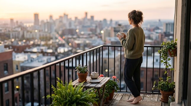 A young woman standing on a balcony overlooking the city skyline during a beautiful golden sunset