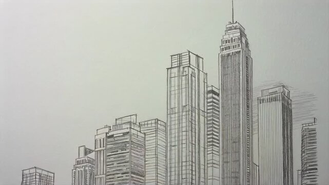 Hand sketches corporate skyscraper skyline on whiteboard, city growth planning, real estate development, architecture draft, investment presentation, and pencil illustration for business explainers.