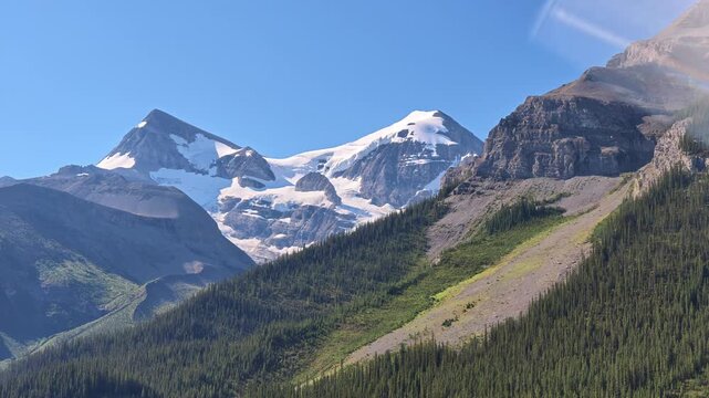 Maligne Lake mountains feature snow-capped peaks and coniferous forests, creating a rugged wilderness landscape under a clear blue sky in Jasper National Park, Alberta, Canada