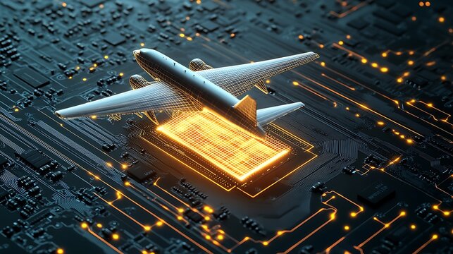 Digital airplane model hovering over a glowing computer circuit board