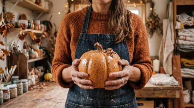 Woman holding ceramic pumpkin in pottery studio during autumn.