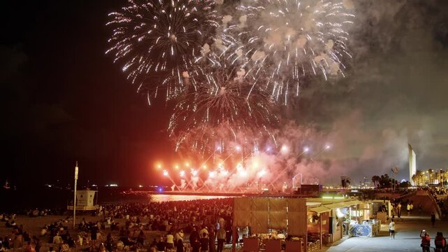Amazing fireworks display over the coast of barcelona