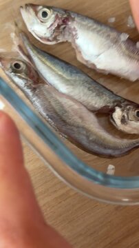 Close-up hands pressing and arranging small silvery fish in shallow glass bowl on wooden countertop with water droplets on wet fingers during kitchen seafood preparation