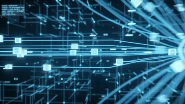 Abstract futuristic digital network with glowing nodes and interconnected pathways on dark tech background
