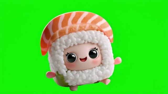 Cute kawaii salmon sushi character smiling and moving on bright green screen, adorable animated Japanese food mascot with rice and big eyes