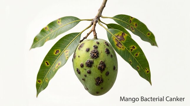 Green mango fruit hanging from branch with leaves exhibiting severe symptoms of bacterial canker infection including dark necrotic spots and lesions
