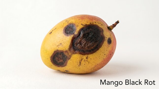 Single ripening yellow mango fruit showing severe symptoms of black rot fungal decay with large necrotic skin lesions and visible surface breakdown
