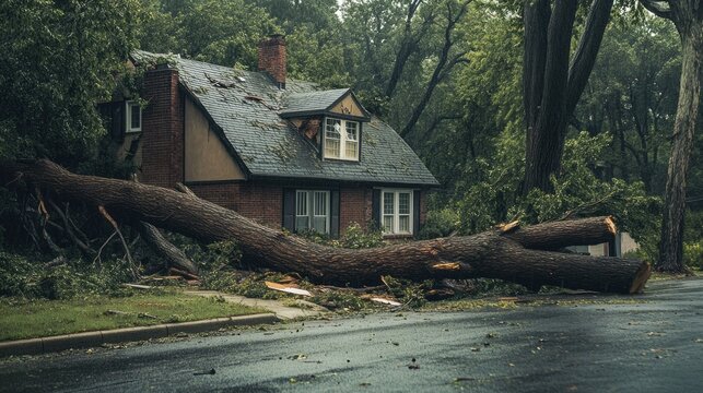 Fallen tree trunk stretches across flooded road beside rustic house after powerful windstorm creating severe weather damage scene with debris forest landscape property danger emergency cleanup work