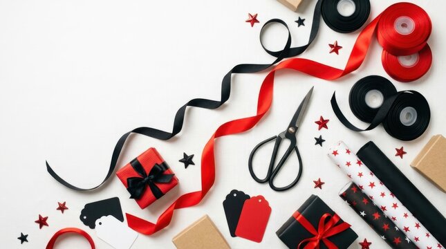 Flat lay of gift wrapping supplies with red and black ribbons on a white textured background