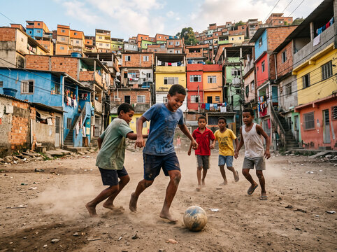Group of young boys playing soccer in a vibrant Brazilian favela neighborhood