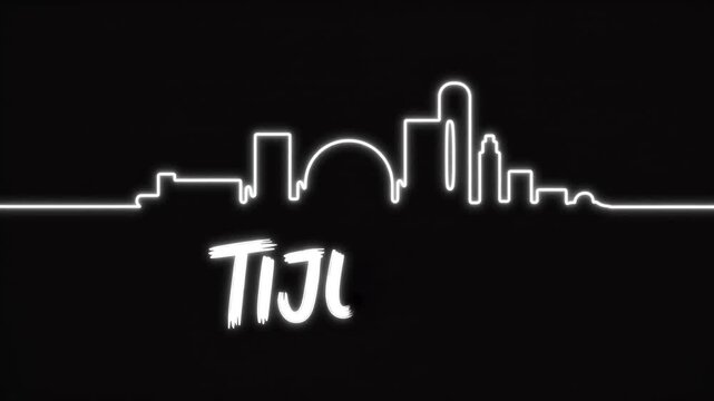 Glowing white line drawing the Tijuana city skyline on a dark background, minimalist urban landscape contour animation