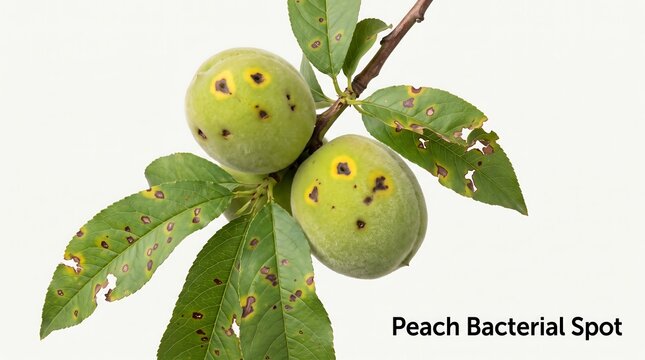Peach bacterial spot disease on unripe fruit and green leaves