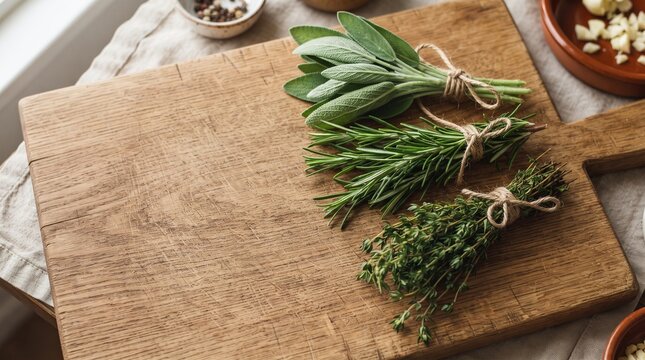 Fresh culinary herbs tied in bundles on a rustic wooden cutting board