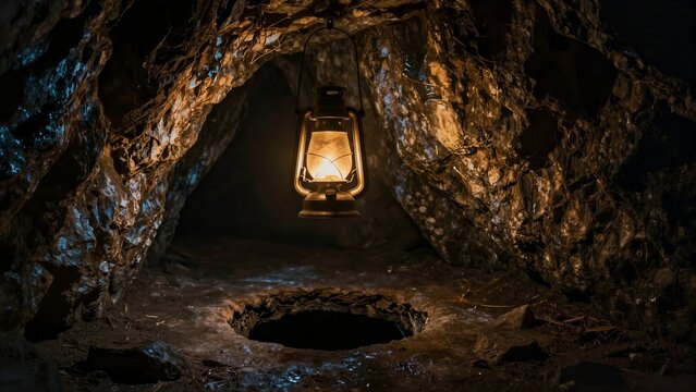 A vintage lantern casts warm light on rugged cave walls, revealing ancient stone textures and a mysterious dark opening ahead.