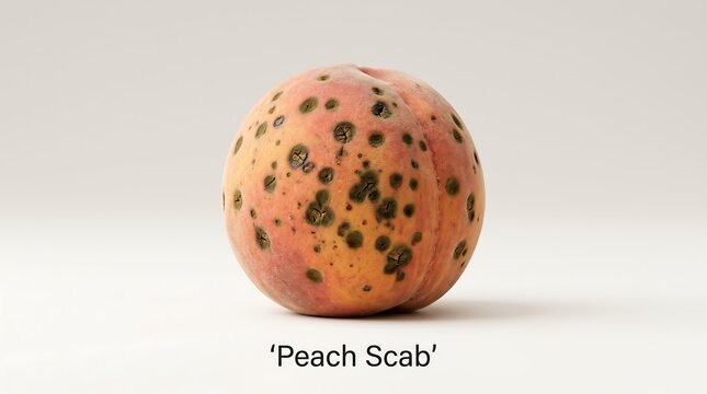 Peach scab disease appearing as dark spots on ripe peach fruit