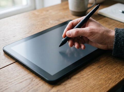 Close-up of artist hand holding digital stylus pen over graphics tablet screen