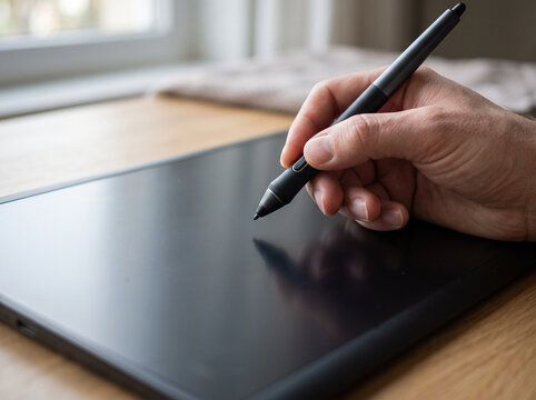 Close-up of a graphic designer drawing on a digital tablet with stylus