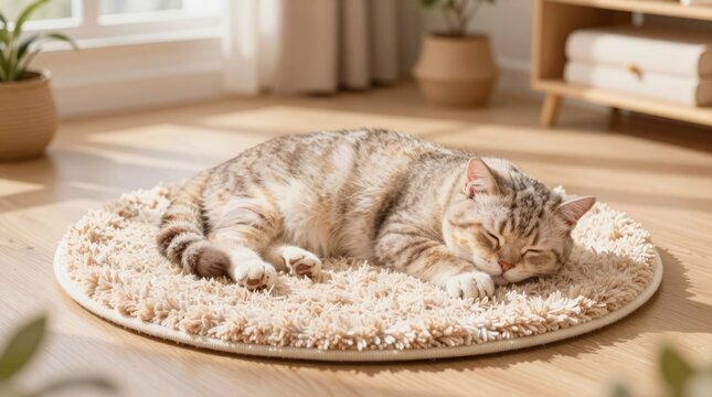 A serene scene featuring a cute cat sleeping on a soft round rug under natural sunlight in a cozy home environment, showcasing warmth and comfort.