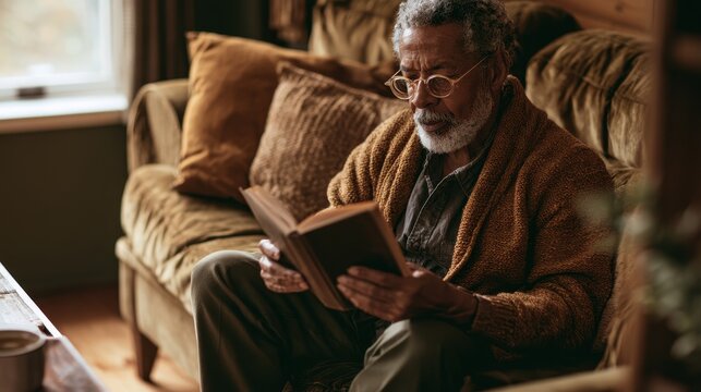 Warm living room moment with a senior African American man and a book
